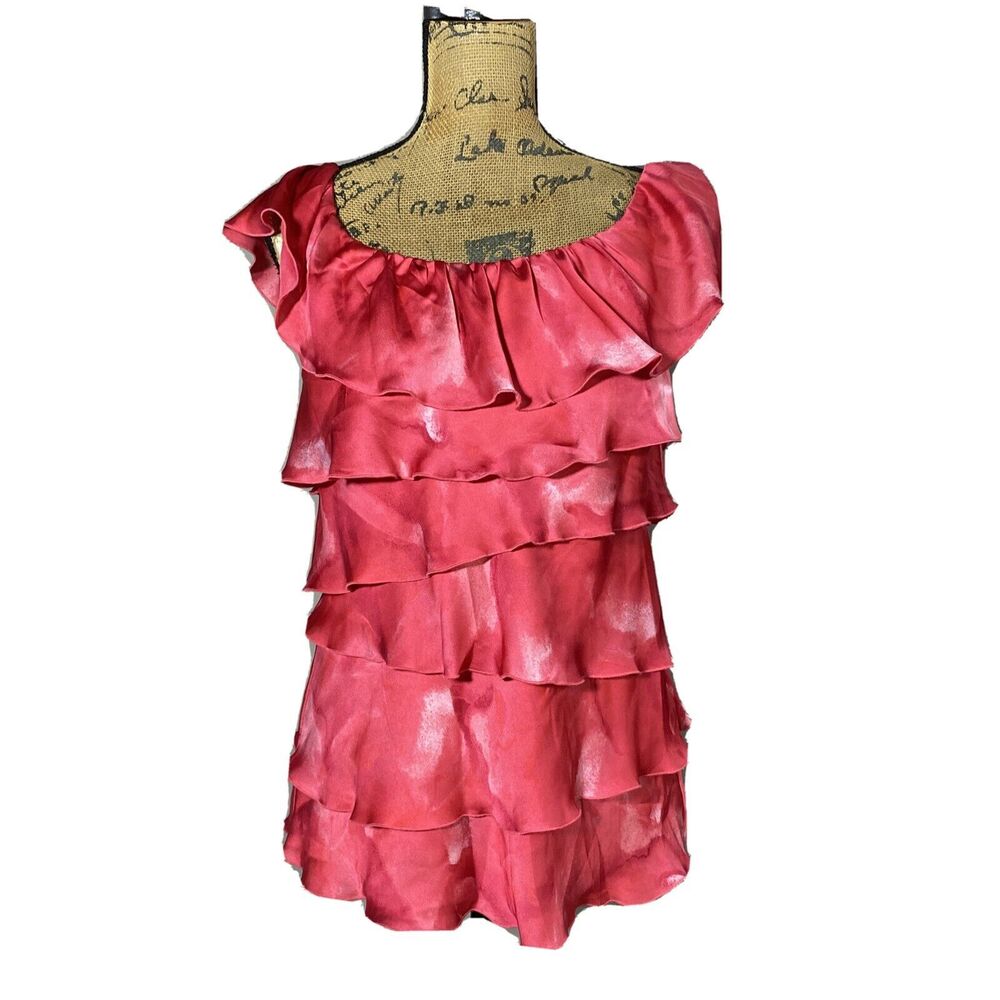 White‎ House Black Market Top SMALL Red Pink Tier Layer Flirty Stretch Blouse